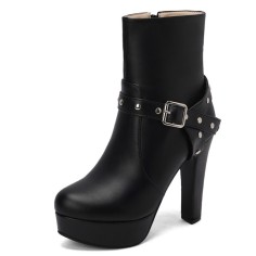 Round Toe Cuban Block Heels Platforms Ankle High Rivet Buckle Straps Boots - Black