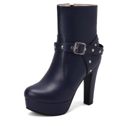 Round Toe Cuban Block Heels Platforms Ankle High Rivet Buckle Straps Boots - Blue