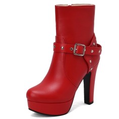 Round Toe Cuban Block Heels Platforms Ankle High Rivet Buckle Straps Boots - Red