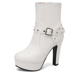 Round Toe Cuban Block Heels Platforms Ankle High Rivet Buckle Straps Boots - White
