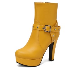 Round Toe Cuban Block Heels Platforms Ankle High Rivet Buckle Straps Boots - Yellow
