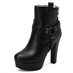 Round Toe Cuban Block Heels Platforms Ankle High O Ring Buckle Straps Boots - Black