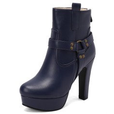 Round Toe Cuban Block Heels Platforms Ankle High O Ring Buckle Straps Boots - Blue