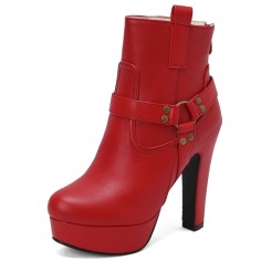 Round Toe Cuban Block Heels Platforms Ankle High O Ring Buckle Straps Boots - Red