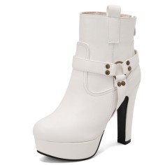 Round Toe Cuban Block Heels Platforms Ankle High O Ring Buckle Straps Boots - White