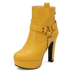 Round Toe Cuban Block Heels Platforms Ankle High O Ring Buckle Straps Boots - Yellow