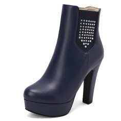 Round Toe Cuban Heels Side Zipper Ankle Highs Rhinestones Platforms Chelsea Boots - Blue