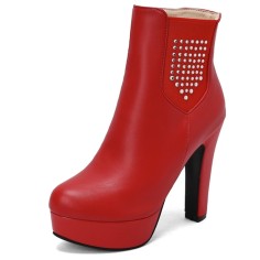Round Toe Cuban Heels Side Zipper Ankle Highs Rhinestones Platforms Chelsea Boots - Red