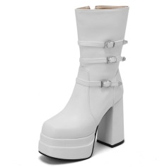 Square Toe Chunky Heels Side Zipper Ankle Highs Trible Buckle Straps Platforms Boots - White