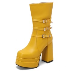 Square Toe Chunky Heels Side Zipper Ankle Highs Trible Buckle Straps Platforms Boots - Yellow