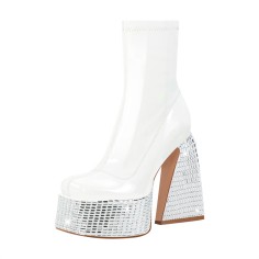 Square Toe Chunky Heels Rhinestones Side Zipper Platforms Ankle Highs Boots - White