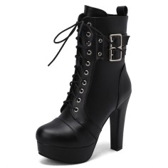 Round Toe Cuban Heels Side Zipper Ankle Highs Double Buckle Straps Lace Up Platforms Boots - Black