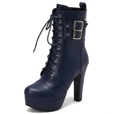 Round Toe Cuban Heels Side Zipper Ankle Highs Double Buckle Straps Lace Up Platforms Boots - Blue