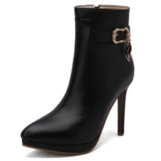 Pointed Toe Stiletto Heels Side Zipper Ankle Highs Decorated Straps Boots - Black