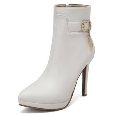 Pointed Toe Stiletto Heels Side Zipper Ankle Highs Decorated Straps Boots - White