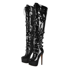 Round Toe Platforms Stiletto Heels Over The Knee Thigh High Stiletto Buckle Straps Side Zipper Punk Gothic Boots - Black Patent