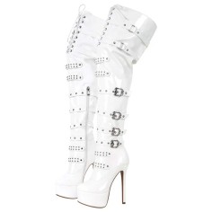 Round Toe Platforms Stiletto Heels Over The Knee Thigh High Stiletto Buckle Straps Side Zipper Punk Gothic Boots - White Patent