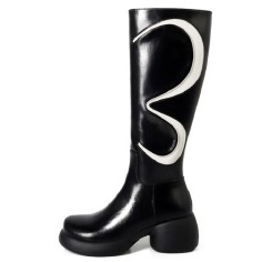 Round Toe Chunky Heels Side Zipper Knee High Winter Boots - Black