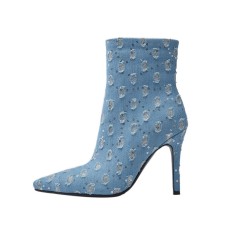 Pointed Toe Stiletto Heels Washable Denim Ankle High Boots - LightBlue