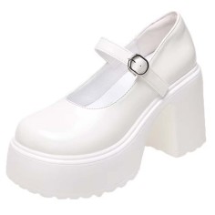 Round Toe Chunky Heels Platforms Mary Janes Pumps - Beige Faux Leather