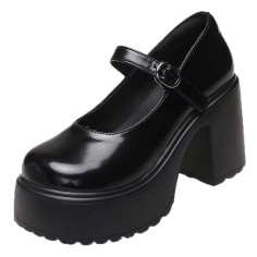 Round Toe Chunky Heels Platforms Mary Janes Pumps - Black Faux Leather