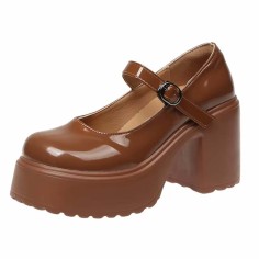 Round Toe Chunky Heels Platforms Mary Janes Pumps - Brown Patent