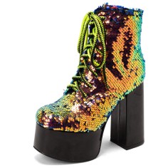 Round Toe Sequined Lace Up Chunky Heels Ankle High Platforms Boots - Gold