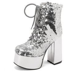 Round Toe Sequined Lace Up Chunky Heels Ankle High Platforms Boots - Silver