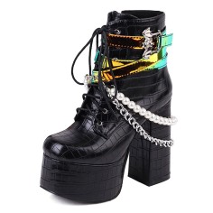 Round Toe Ankle Buckle Straps Pearl Beads with Chain Decorated Chunky Heels Platforms Gothic Punk Crocodile Boots - Black