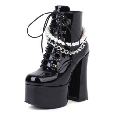 Round Toe Pearl Beads with Chain Decorated Chunky Heels Platforms Gothic Punk Boots - Black