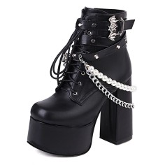 Round Toe Ankle Buckle Straps Pearl Beads with Chain Decorated Chunky Heels Platforms Gothic Punk Boots - Black