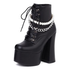 Round Toe Pearl Beads with Chain Decorated Chunky Heels Platforms Gothic Punk Boots - Black