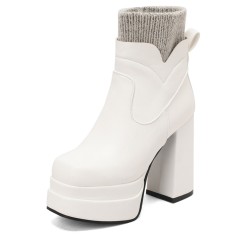 Square Toe Chunky Heels Side Zipper Socks Ankle Highs Platforms Boots - White