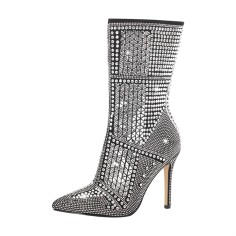 Pointed Toe Crystal Rhinestones Side Zipper Ankle Highs Stiletto Heels Boots - Black