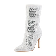 Pointed Toe Crystal Rhinestones Side Zipper Ankle Highs Stiletto Heels Boots - White