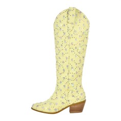 Pointed Toe Chunky Heels Pull On Canvas Western Boots - Yellow