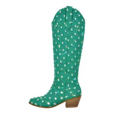 Pointed Toe Chunky Heels Pull On Canvas Western Boots - Green