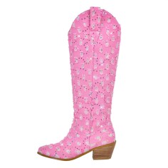 Pointed Toe Chunky Heels Pull On Canvas Western Boots - Pink