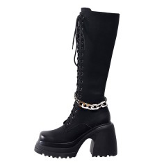 Round Toe Chunky Heels Platforms Chain Decorated Punk Knee Highs Boots - Black