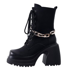 Round Toe Chunky Heels Platforms Chain Decorated Punk Ankle Highs Boots - Black