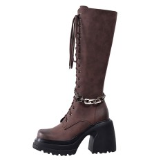 Round Toe Chunky Heels Platforms Chain Decorated Punk Knee Highs Boots - Brown