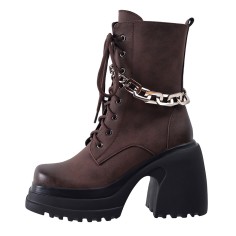 Round Toe Chunky Heels Platforms Chain Decorated Punk  Ankle Highs Boots - Brown