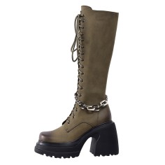 Round Toe Chunky Heels Platforms Chain Decorated Punk Knee Highs Boots - Khaki