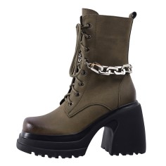 Round Toe Chunky Heels Platforms Chain Decorated Punk  Ankle Highs Boots - Khaki