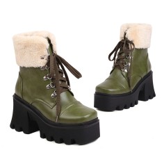Square Toe Winter Snow Lace Up Chunky Heels Ankle High Platforms Boots - Green