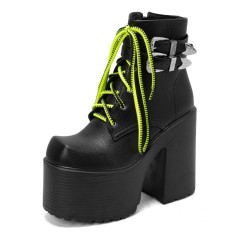 Square Toe Cowboy Buckle Belts Lace Up Chunky Heels Ankle High Platforms Boots - Black