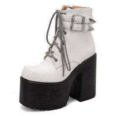 Square Toe Cowboy Buckle Belts Lace Up Chunky Heels Ankle High Platforms Boots - White