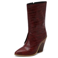 Pointed Toe Chunky Heels Knee Highs Side Zipper Cowboy Crocodile Print Wedges Boots - Wine Red