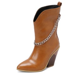 Pointed Toe Chunky Heels Mid Calf Chain Decorated Matte Cowboy Wedges Boots - Auburn