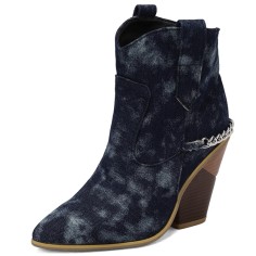 Pointed Toe Chunky Heels Chain Decorated Crocodile Print Ankle Highs Wedges Cowboy Boots - Dark Blue